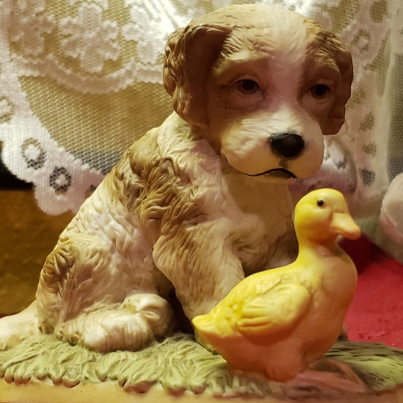 Vtg Dog Puppy & Duck Duckling Porcelain Figurine
